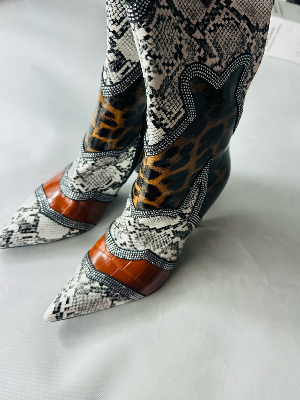 Leopard & Snake-Print Pointed Western Ankle Boots - Women's Brown/White - Picture 8 of 16